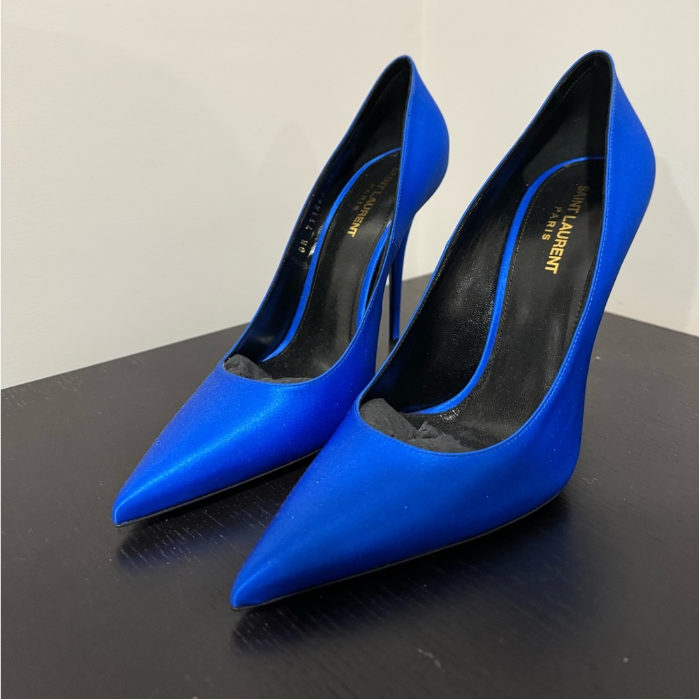 YSL Satin Blue Marylin 110 on pump Saint Laurent Pointed Toe Slip-On Pumps